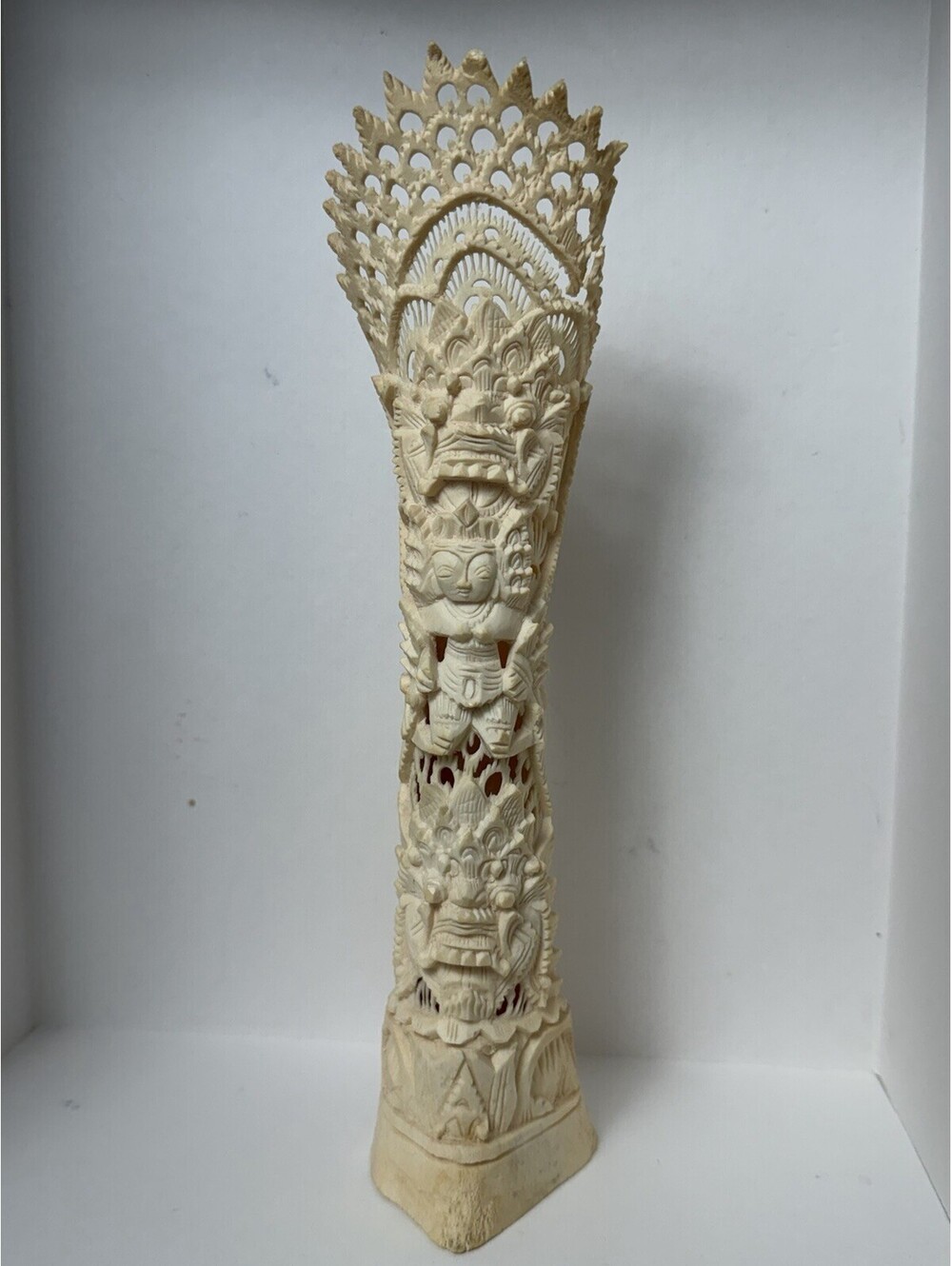 Intricately Carved Balinese Guardian Tower Sculpture Ivory-Tone Folk Art